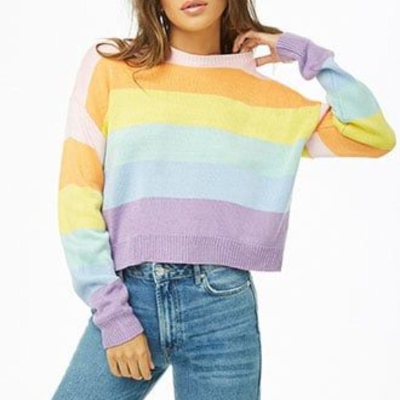 ❌SOLD❌ Forever 21 Boxy Pastel Rainbow Colorblock Stripe Sweater - Picture 9 of 10
